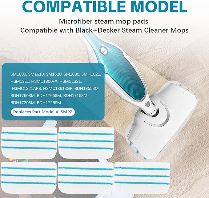 Steam Mop Pads Compatible with Black+Decker Steam Mop SM1600, SM1610, SM1620, HSM13E1, HSMC1300FX, HSMC1321, HSMC1361SG SMP20 - Washable Pads Replacement for Floor Cleaning - 8Pack