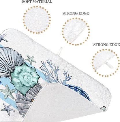Nautical Coastal Starfish Dish Drying Mats 18x24 Inch Beach Coral Shell Blue Drying Mats Seasonal Summer Ocean Absorbent Dish Drying Pad Dish Rack Drainer Mats for Kitchen Dining Counter Decor