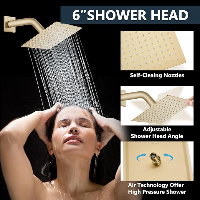 Aolemi Shower Faucet Set Ceiling Mount Shower System Rough-in Valve and Shower Trim Kit 2 in 1 Handheld Spray Push Button Diverter 10 and 6 Inch Dual Shower Head Brushed Gold