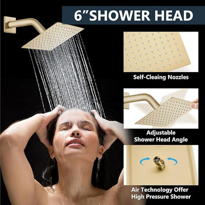 Aolemi Shower Faucet Set Ceiling Mount Shower System Rough-in Valve and Shower Trim Kit 2 in 1 Handheld Spray Push Button Diverter 10 and 6 Inch Dual Shower Head Brushed Gold