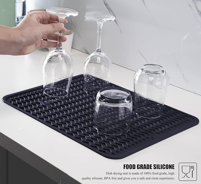 Silicone Dish Drying Mat for Multiple Usage, Easy clean, Eco-friendly, Heat-resistant Dish Drainer Mat for Kitchen Counter,Sink,Refrigerator or Drawer liner (18" x 16", Dark Blue)