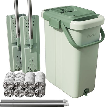 JOYMOOP Mop and Bucket with Wringer Set for Floor Cleaning and Wall Cleaner, Flat Mop and Bucket System Set with 2 Mops and 8 Large Microfiber Pads - Green