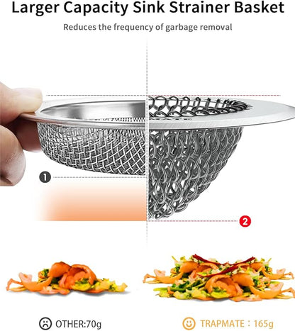 TRAPMATE Kitchen Sink Drain Strainer, Reversible Chain Mesh Sink Strainer, 304 Stainless Steel Anti-Clogging & Easy Clean Sink Strainer Basket, Fits US Standard Kitchen Sink Drains, Dishwasher Safe