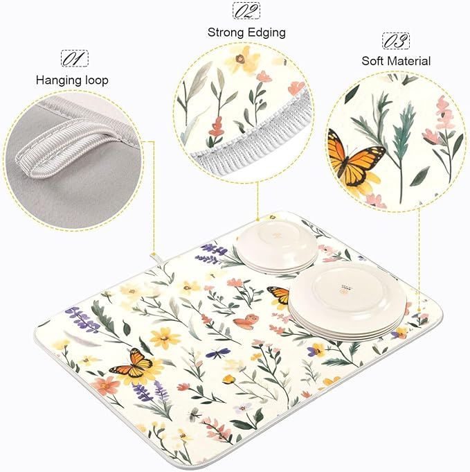 Watercolor Flowers Absorbent Dishes Drainer/Rack Mat for Countertop Small Size 16 x 18, Microfiber Dish Drying Pads Kitchen Counter Draining Pad