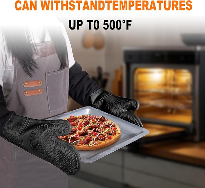 Extra Long Silicone Oven Mitts, Heat Resistant Oven Gloves with Quilted Liner Non-Slip Textured Grip Perfect for BBQ, Baking, Cooking and Grilling - 1 Pair 20 Inch Black