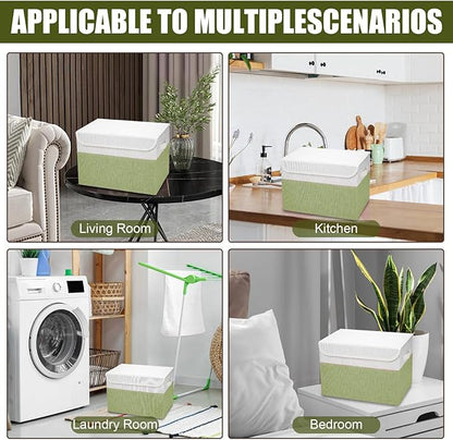 Large 22 Quart Linen Fabric Foldable Storage Bin Cube Organizer Basket with Flip-Top Lid & Handles, Clothes Blanket Box for Home, Office, Closet, Green & White, 4 Pack 14.6 x 9.5 x 9.5