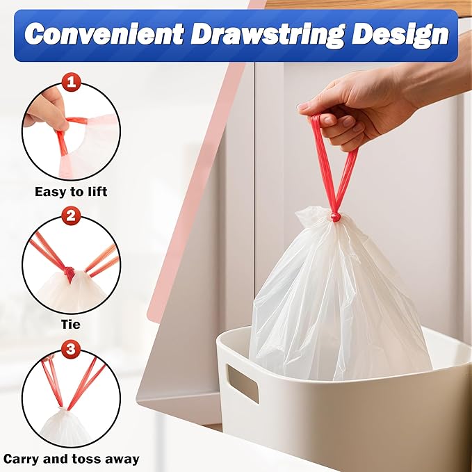 WINNER Trash Bags 13 Gallon, 20 Count Drawstring Tall Kitchen Garbage Bags, Unscented White Recycling Bags, Trash Can Wastebasket Bin Liners House Essentials for Bathroom Apartment Home and Kitchen