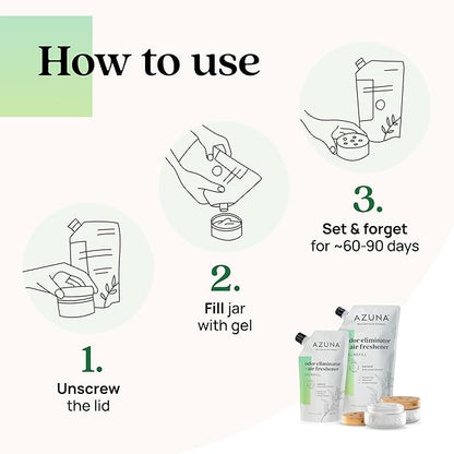 Azuna Air Freshener & Odor Eliminator for Strong Odor | 4 Room Kit Includes (4) 8 oz. Empty Luxe Glass Jars & 24oz Gel | Refill with Tea Tree Essential Oil | Natural Scent | Last 60-90 Days