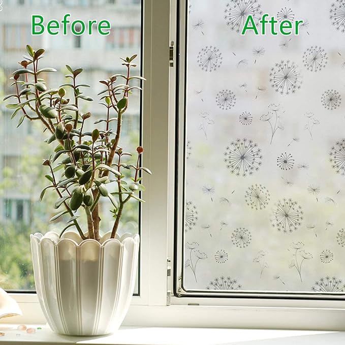 FILMGOO Window Privacy Film 4D Decorative Stained Glass Decals Static Cling Window Sticker Non-Adhesive（Dandelion,17.5 Inch x 6.5 Feet）