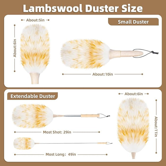 LOVECO Feather Duster for Cleaning, Extendable Lambswool Duster 29-49 Inch for Cleaning Fans, Ceiling, Includes: Sticky Hooks×2, Small Duster×1, Electrostatic Dusters Suitable for Office, Home, Car