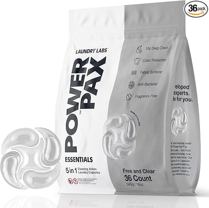 PowerPax 5-in-1 Laundry Detergent Pods, 36 Count Concentrated Enzyme Clean pods for Stain Removal, Odor Control, Fabric Softening & Color Care, Free & Clear