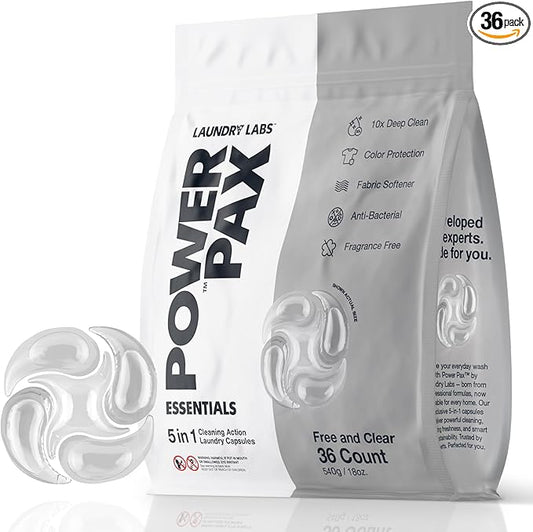 PowerPax 5-in-1 Laundry Detergent Pods, 36 Count Concentrated Enzyme Clean pods for Stain Removal, Odor Control, Fabric Softening & Color Care, Free & Clear