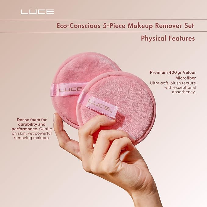 LUCE Makeup Remover Pads Reusable – First Velour Microfiber Makeup Remover Cloth, Eco-Friendly Washable Design, Ultra-Soft for All Skin Types