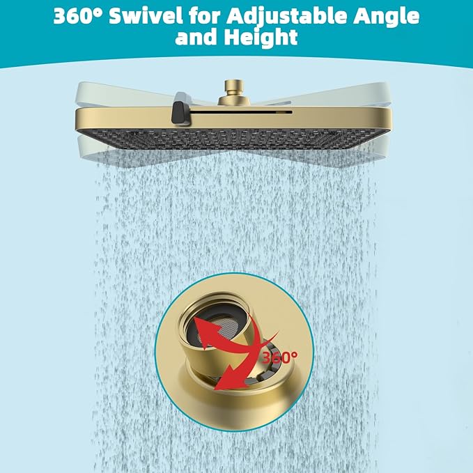 Hibbent 5 Spray Modes Shower Head, 13'' High Pressure Rain Shower Head, Large Rainfall Showerhead for Bathroom, High Flow Waterfall Fixed Showerheads with Adjustable Swivel Ball Joint, Brushed Gold
