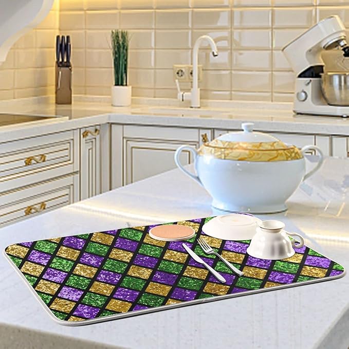 Mardi Gras Dish Drying Mat for Kitchen Gold Purple Green Buffalo Plaid Microfiber Drying Mats Absorbent Reversible Dish Pad Large Dish Draining Mat 18x24 inch
