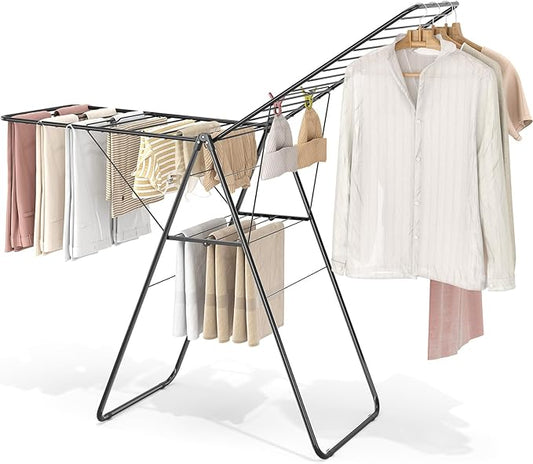 KINGBOARD Clothes Drying Rack Foldable, Drying Rack Clothing with Height-Adjustable, Metal Laundry Rack, Indoor Outdoor Use, No Assembly, 20.47"x 70"x 42.52", Black
