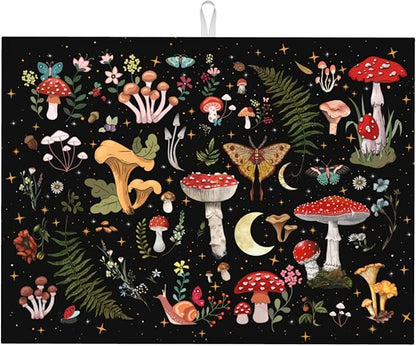 Mushroom Dish Drying Mat for Kitchen Counter 18"x24" Moth Gothic Witchy Dishes Pad Dish Drainer Rack Mats Microfiber Washable Absorbent Kitchen Decor, Black