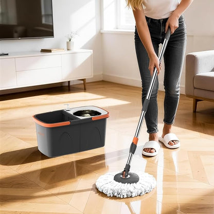 Foldable Spin Mop and Bucket System, Dual-Bucket Cleaning & Stainless Steel Wringing, Collapsible Storage with Detergent Bottle, 2 Reusable Microfiber Mop Heads for Floor Cleaning