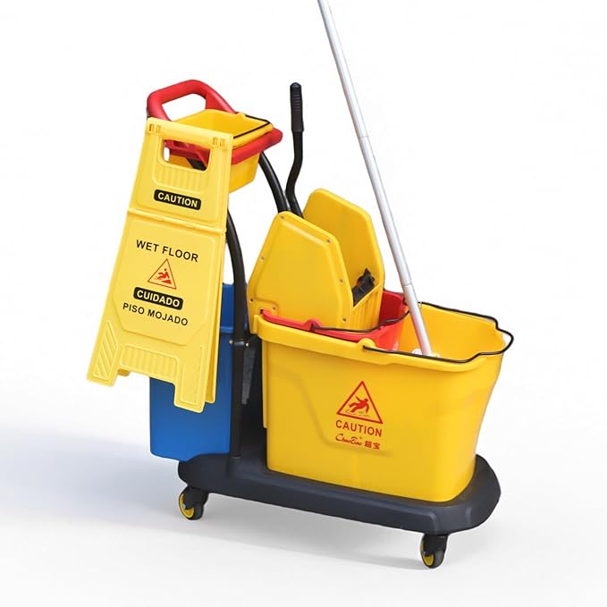 Commercial Cleaning Cart On Wheels, Floor Cleaning Rectangular Mop Bucket with Sturdy Down Press Wringer Combo, 38-Quart, Yellow,ADD One Heavy Duty Mop and Wet Floor Caution Sign（24Inch）