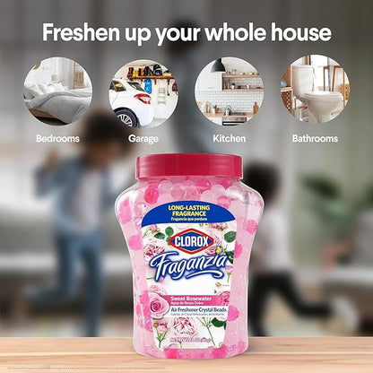 Clorox Fraganzia Crystal Beads Air Freshener, Long Lasting Room Deodorizer and Odor Eliminator Gel Beads to Freshen Home, Car, or Office, Sweet Rosewater Scent, 12 Fl Oz - 12 Pack