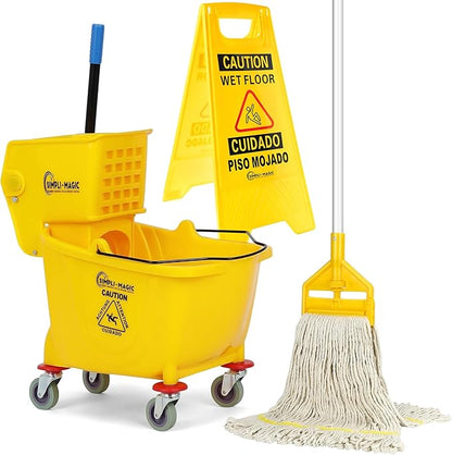 Simpli-Magic Side Press Wringer Combo Commercial Mop Bucket on Wheels, 35 Quart,Yellow, Including Wet Floor Caution Sign and Set, Polyethylene