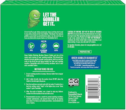 Green Gobbler Premium Washing Machine Cleaner & Deodorizer Tablets with Pipe, Drain & Hose Clean Technology | Front & Top Load Washers | 28 Count