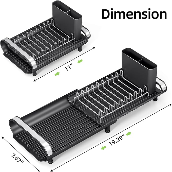 Small Dish Drying Rack, Mini Expandable Compact Dish Rack, Slim Extendable Stainless Steel Dish Drainer for Kitchen Plate Storage, Space Saving Dish Strainer in Sink or on Home Countertop, Matte Black