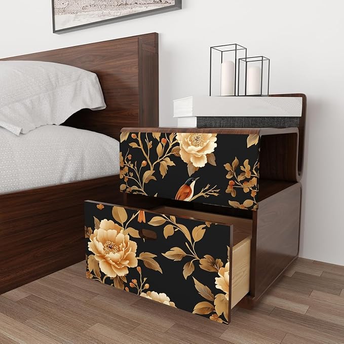 Laatse Vintage Floral Bird Wallpaper Peel and Stick Boho Wallpaper 17.5in x393in Black/Golden Floral Wall Mural Waterproof Self-Adhesive Modern Wall Paper for Bedroom Kitchen Cabinet Drawer Decor