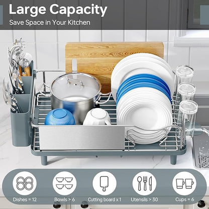Stainless Steel Dish Drying Rack - Large Capcity 304 Grade Dish Drainer for Kitchen Counter with Drain Board, Utensil Holder & Detachable Cup Shelf, Rustproof Multifunctional Organizer, Green
