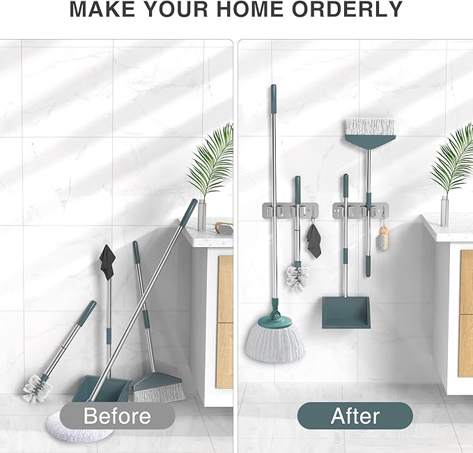 homeasy Wall Mount Mop and Broom Holder, Heavy Duty Stainless Steel Organizer Rack with Hooks | 4-Pack, 2-in-1 No Drill & Screw Installation, Silver