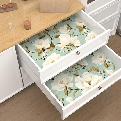 Modern Green White Flowers Wallpaper Blue Floral Peel and Stick Contact Paper 17.5"X118" Vinyl Waterproof Self Adhesive Removable Boho Modern Botanical Wall Paper for Bedroom Walls Cabinet Locker