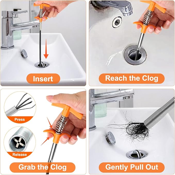 63 In Drain Snake Hair Drain Clog Remover Tool, Sink Drain Cleaner for Sewer Kitchen Bathroom Shower Tub Toilet Clogged Drains Opener Cleaning Tool, Flexible Grabber Claw Pick Up Reacher Tool