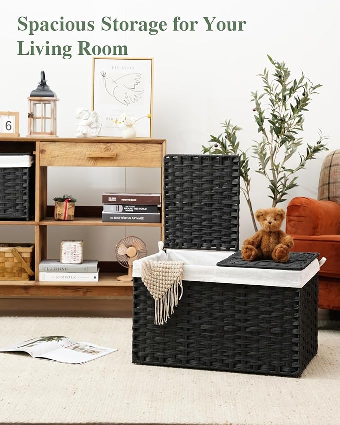 Storage Basket with Lid Rattan Storage Basket with 2 Separate Lid, 27.8 Gallon (105 L) 25.2 * 15.4 * 16.1 Inches Woven Wicker Baskets with 2 Liners and Handles for Bedroom Laundry Black