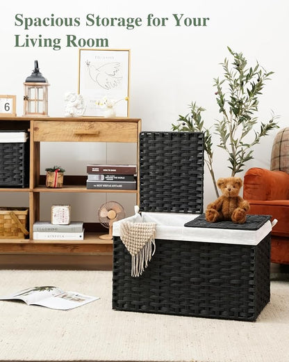 Storage Basket with Lid Rattan Storage Basket with 2 Separate Lid, 27.8 Gallon (105 L) 25.2 * 15.4 * 16.1 Inches Woven Wicker Baskets with 2 Liners and Handles for Bedroom Laundry Black