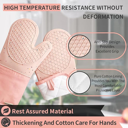 Pink Oven Mits, Heat Resistant, Non-Slip Grip Pattern, Baking Gloves for Oven, Kitchen Pot Holders,1 Pair