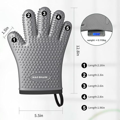 MAD SHARK Silicone Oven Mitts Heat Resistant 450 Degrees,Waterproof & Non-Slip Oven Gloves with Fingers,Cotton Lined Silicone Oven Gloves Kitchen Mitts for Baking Cooking Barbecue,Women,Oven (GREY1)