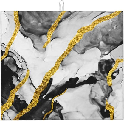 Black White Gold Marble Dish Drying Mat for Kitchen Counter, Absorbent Microfiber Drying Pad for Countertop & Sink, Foldable Modern Kitchen Dish Draining Mat for Dining Area, Home Decor, 16" x 18"