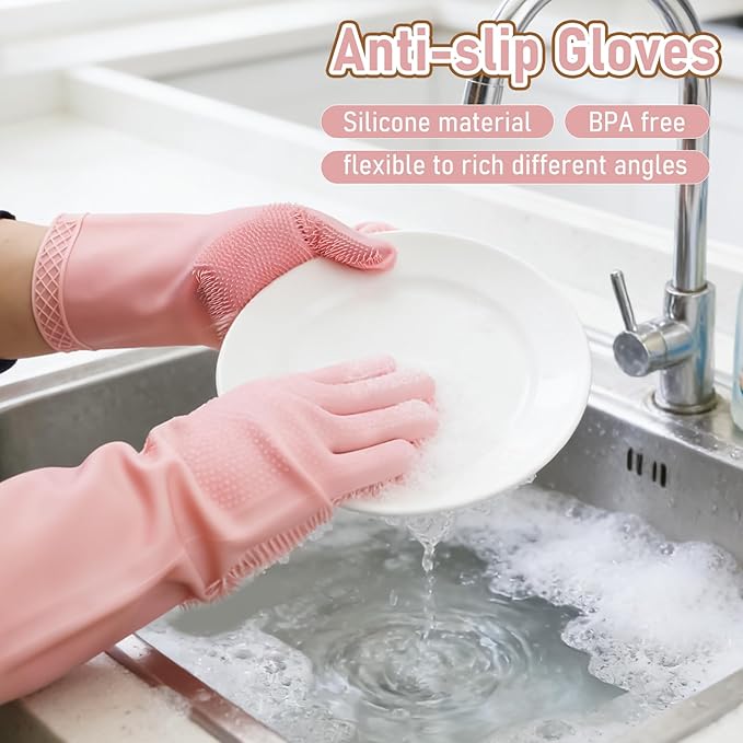 Silicone Sponge 3 Pack Dish Scrubber Sponges Pad Reusable & Long Lasting, Silicone Kitchen Scrubber with Sponge, Non-Scratch Dishwashing Gloves with Bristles for Fruits Vegetables House Cleaning Pink