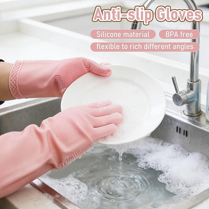 Silicone Sponge 3 Pack Dish Scrubber Sponges Pad Reusable & Long Lasting, Silicone Kitchen Scrubber with Sponge, Non-Scratch Dishwashing Gloves with Bristles for Fruits Vegetables House Cleaning Pink