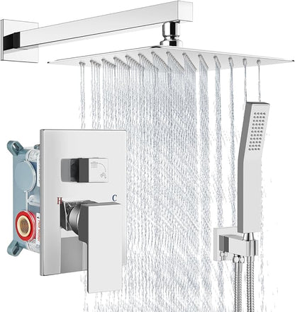 Aolemi Shower Faucet Set Rain Shower System with Handheld Spray Bathroom Shower Combo Rough-in Valve and Shower Trim Kit Included Polish Chrom 10 Inch Wall Mount Shower Head