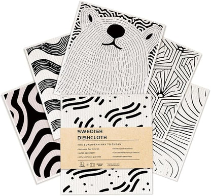 Swedish Dishcloths 6 Pack, Black White Line Geometric Towels Kitchen Reusable Washable Absorbent Dish Cloths, Cellulose Sponge No Odor Eco Towels, Home Kitchen Dish Washing