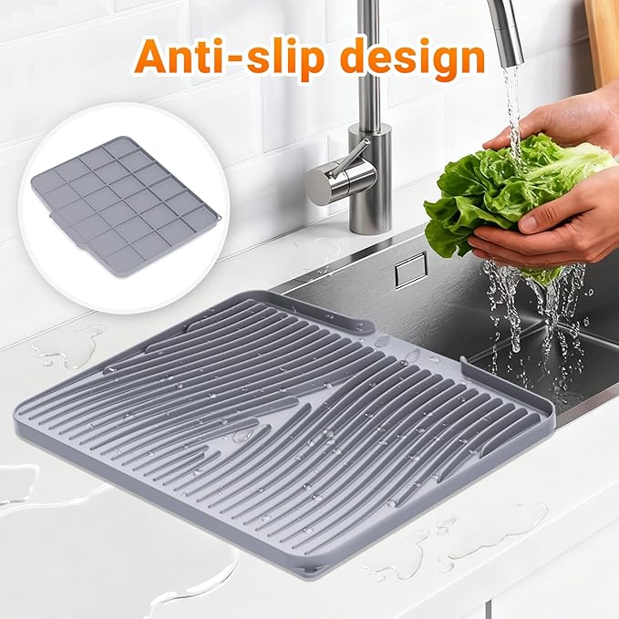 Silicone Dish Drying Mat for Kitchen Counter, Dish Drying Pad, Non-Slip Drain Pad with Built-in Drain, Heat Resistant Stone Drying Mat,Grey, 2pcs-XL