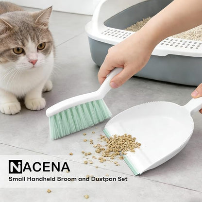NACENA Handheld Dustpan and Broom Set – Mini Compact Brush Combo for Desktop, Sofa, Car & Kitchen Crumbs Small Cleaning Tool with Stiff Bristles, Green