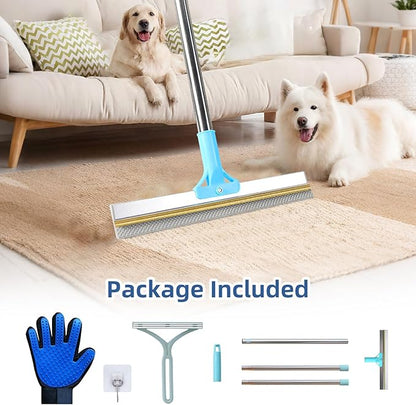 Carpet Rake for Pet Hair Removal - 54" Adjustable 2 in 1 Carpet Broom with Copper Rake Scraper & TPU Brush, Reusable Cat Dog Hair Remover Tool for Deep Cleaning Carpets, Rugs, Mats, and Stairs (Blue)