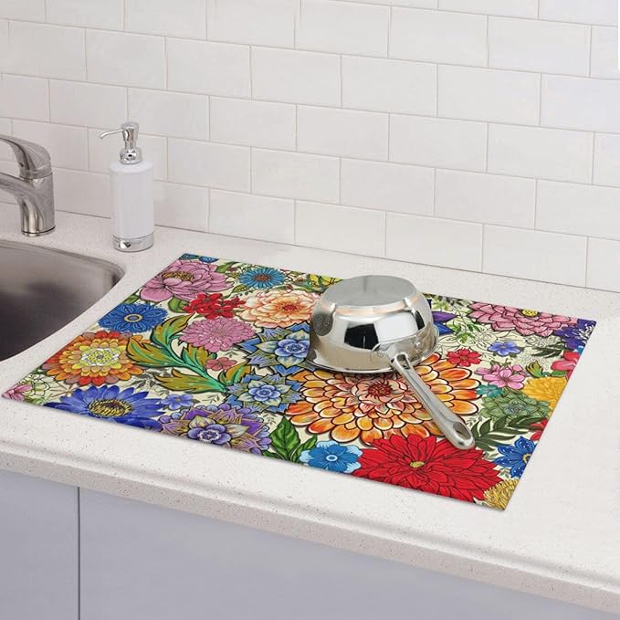 Boho Floral Dish Drying Mats for Kitchen Counter 18" x 24", Absorbent Microfiber Colorful Drying Pad for Dishes, Washable Foldable Reversible Decorative Kitchen Mat for Dining Area Sink, Home Decor