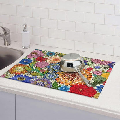 Boho Floral Dish Drying Mats for Kitchen Counter 18" x 24", Absorbent Microfiber Colorful Drying Pad for Dishes, Washable Foldable Reversible Decorative Kitchen Mat for Dining Area Sink, Home Decor
