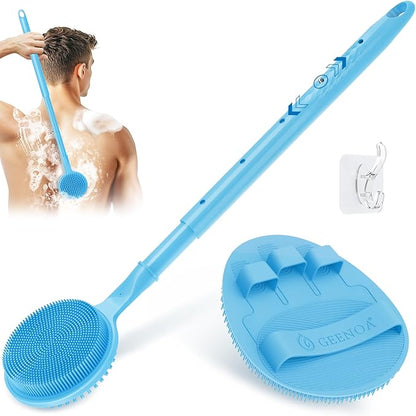 Soft Silicone Back Scrubber & Bath Glove 2PCS, 16''- 24'' Extendable Shower Scrubber with Dual-Side Head, 360° Anti-Slip & Hand-fit Silicone Body Scrubber for Rich Foaming Deep Cleaning(Blue)