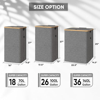 BALEINE Laundry Hamper with Lid, Tall Laundry Baskets with Bamboo Pull Handles, Large Laundry Bin with Internal Support (26Gal/100L, Carbon Black)