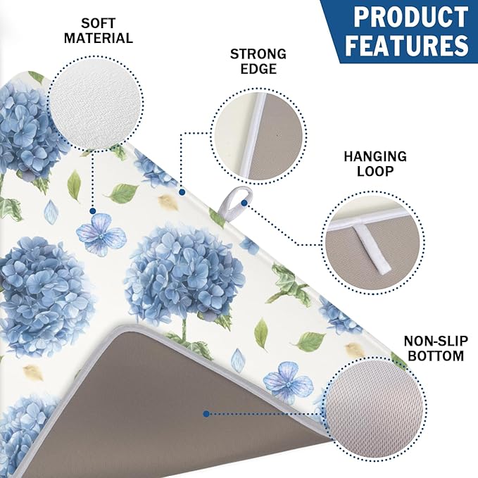 Spring Summer Hydrangea Dish Drying Mat for Kitchen Counter 18 x 24 Inch Blue Floral Dish Drainer Mat Absorbent Microfiber Dish Rack Pad for Holiday Coffee Dining Bar Decor