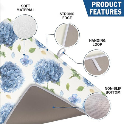 Spring Summer Hydrangea Dish Drying Mat for Kitchen Counter 18 x 24 Inch Blue Floral Dish Drainer Mat Absorbent Microfiber Dish Rack Pad for Holiday Coffee Dining Bar Decor